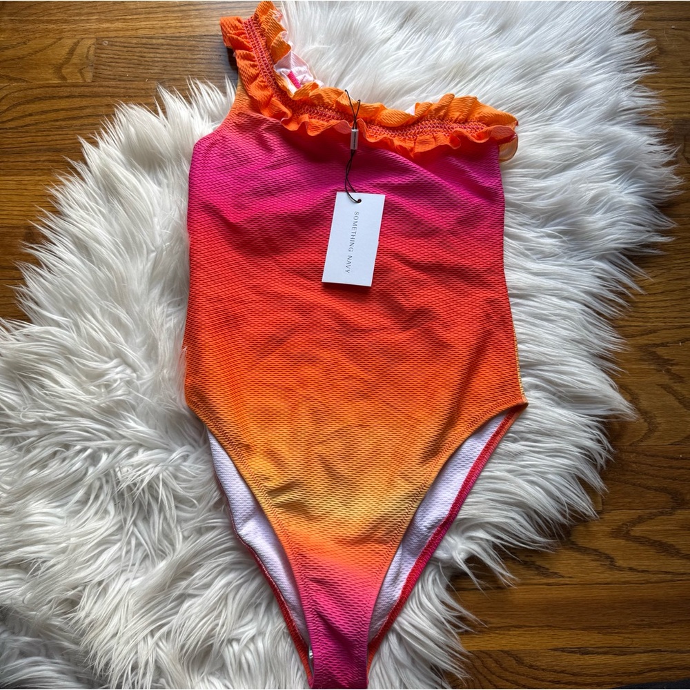 NWT Something Navy ombré one shoulder one piece swim